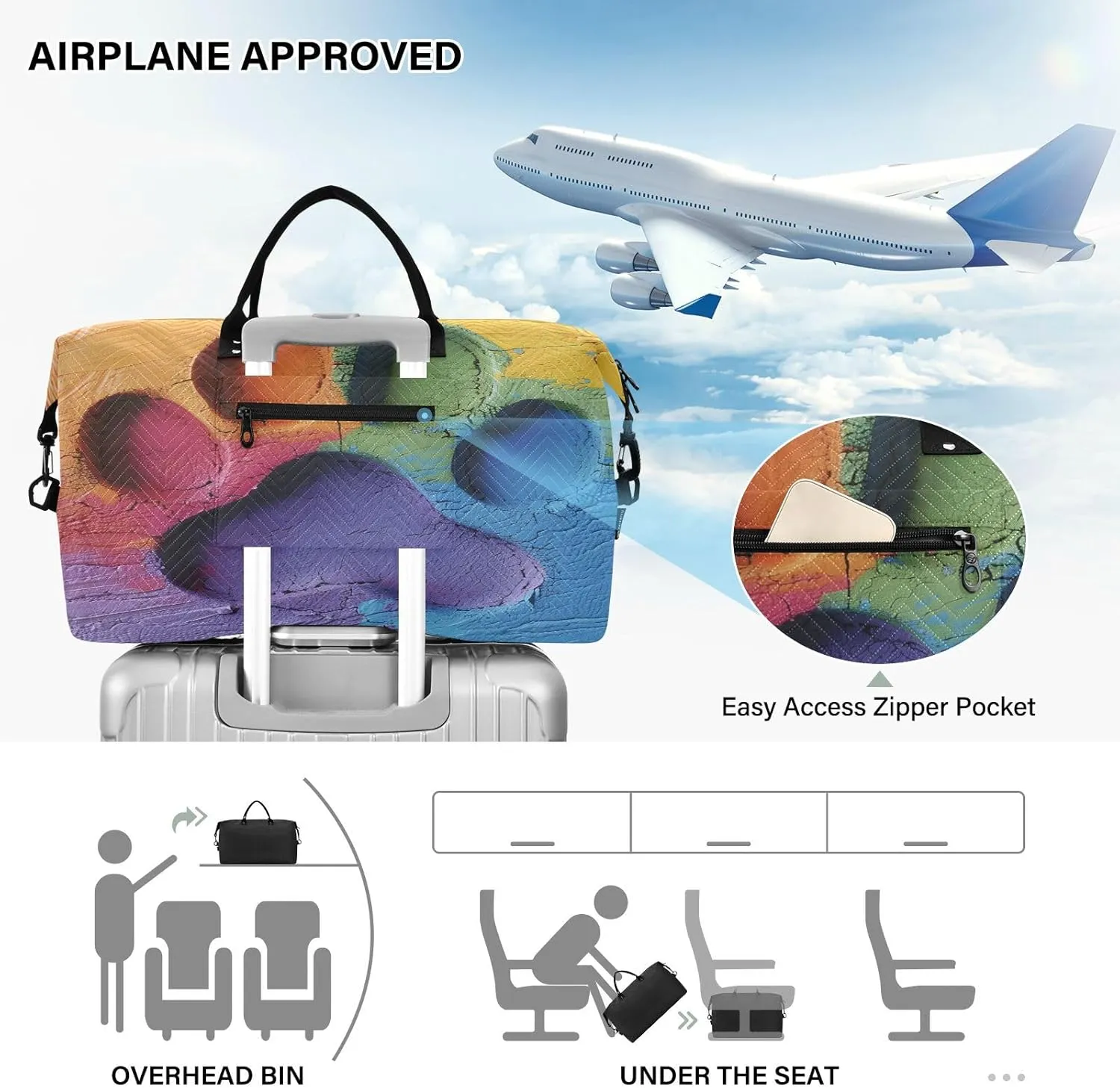 Travel Duffle Weekender Gym Swim Bag with Toiletry Bag for Women - Colorful Dog Paw Graffiti Pattern