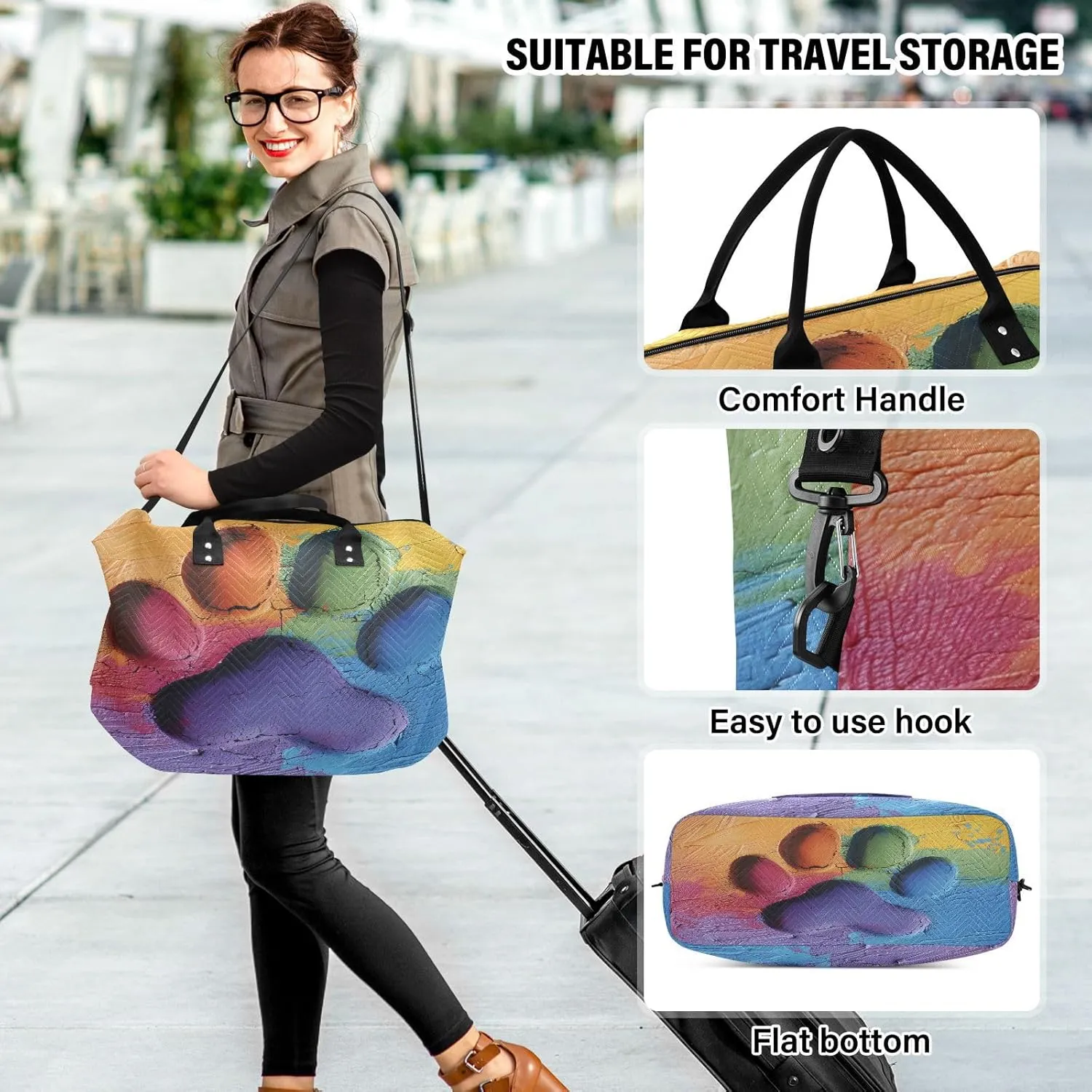 Travel Duffle Weekender Gym Swim Bag with Toiletry Bag for Women - Colorful Dog Paw Graffiti Pattern
