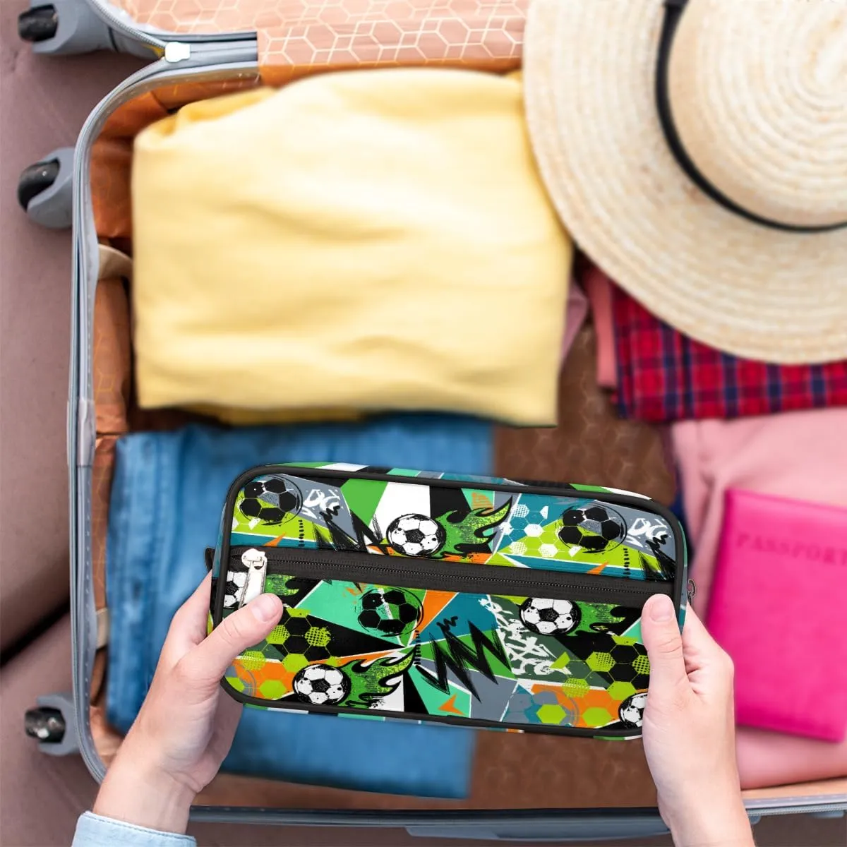 Travel Toiletry Bag for Boys Men, Soccer Graffiti Waterproof Hanging Dopp Kit for Kids, Shaving Bag with Large Capacity for Travel,Sports Shower