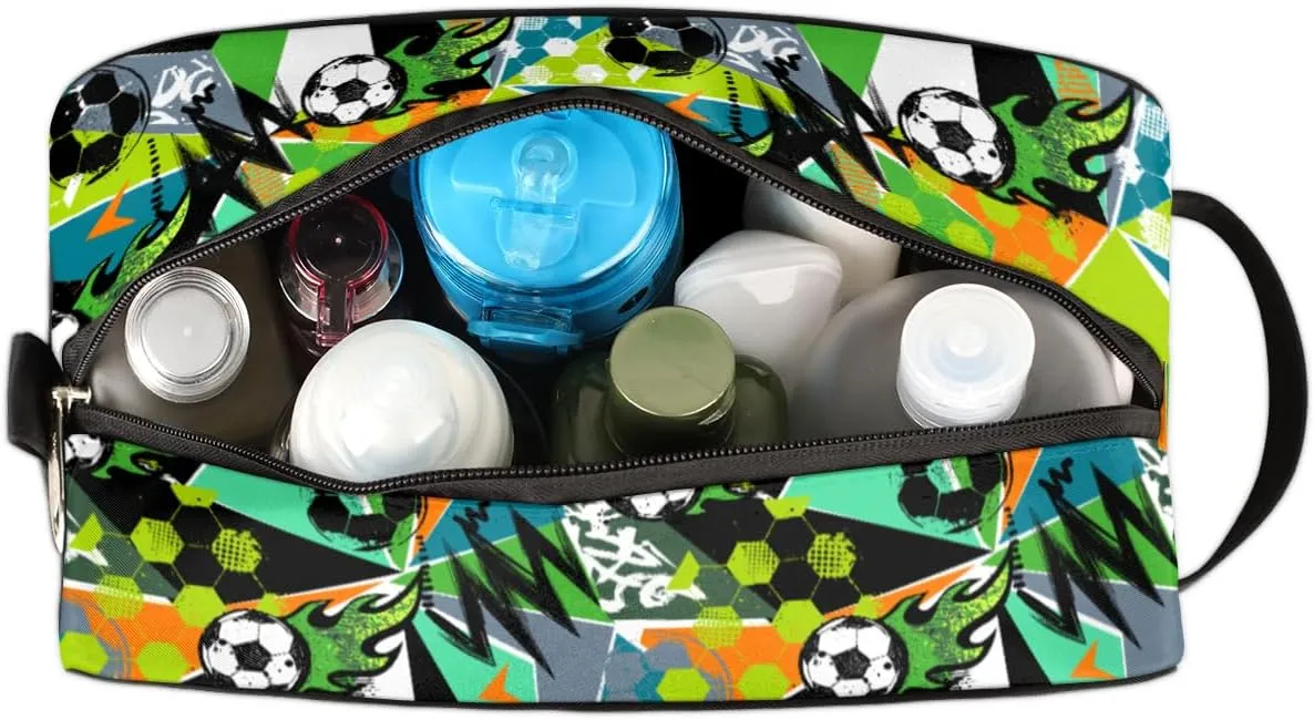 Travel Toiletry Bag for Boys Men, Soccer Graffiti Waterproof Hanging Dopp Kit for Kids, Shaving Bag with Large Capacity for Travel,Sports Shower