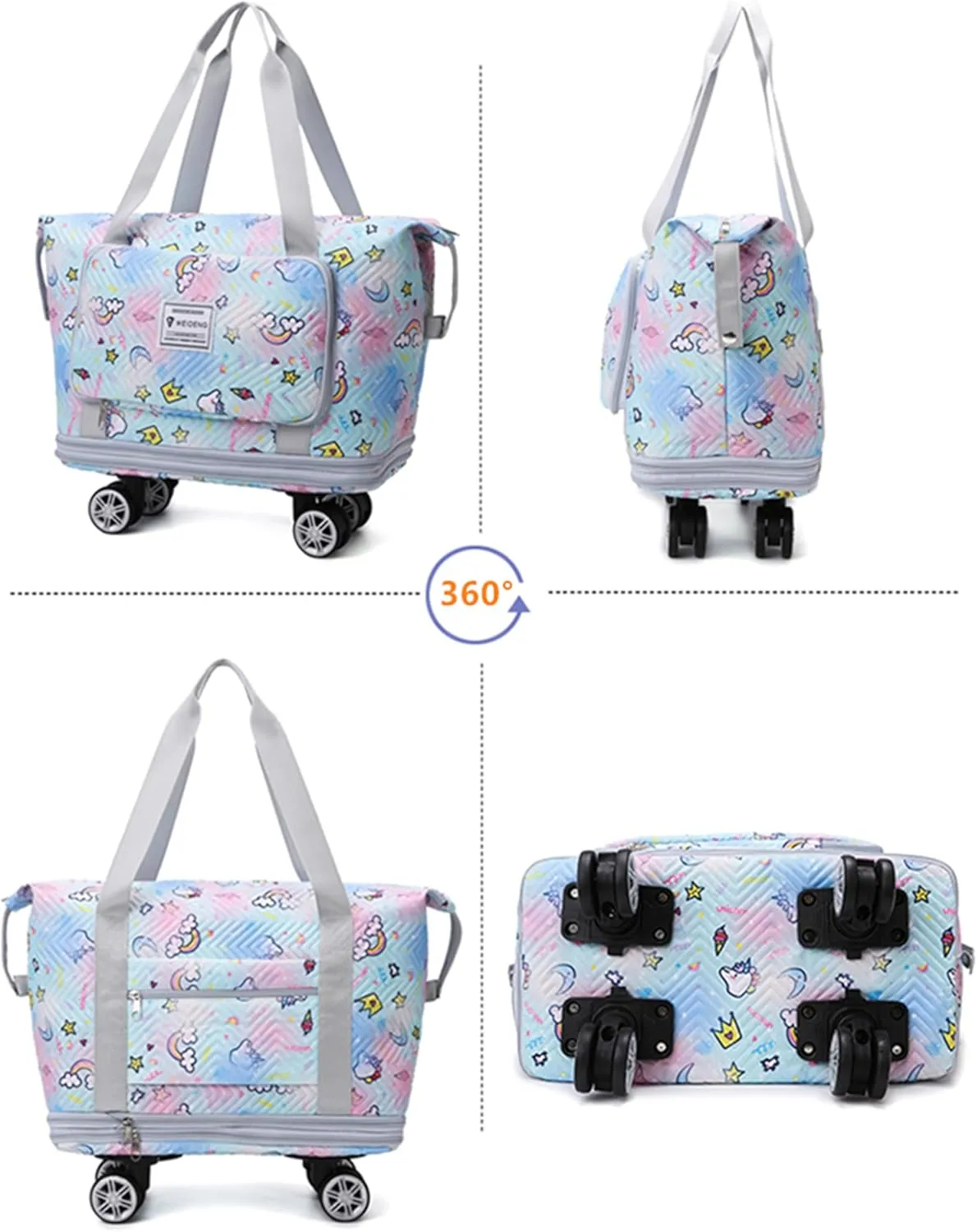 Travel Tote Bags with Trolley Sleeve Expandable Extra Waterproof Rainbow Oxford Duffel Bag with Wheels