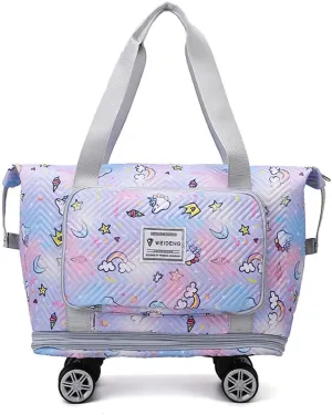 Travel Tote Bags with Trolley Sleeve Expandable Extra Waterproof Rainbow Oxford Duffel Bag with Wheels
