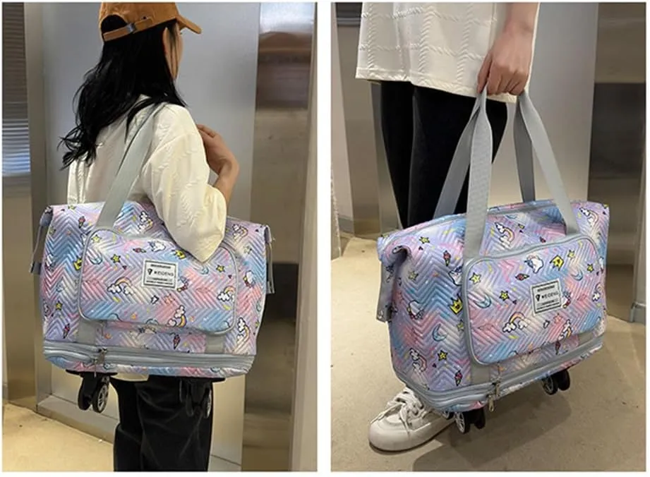 Travel Tote Bags with Trolley Sleeve Expandable Extra Waterproof Rainbow Oxford Duffel Bag with Wheels