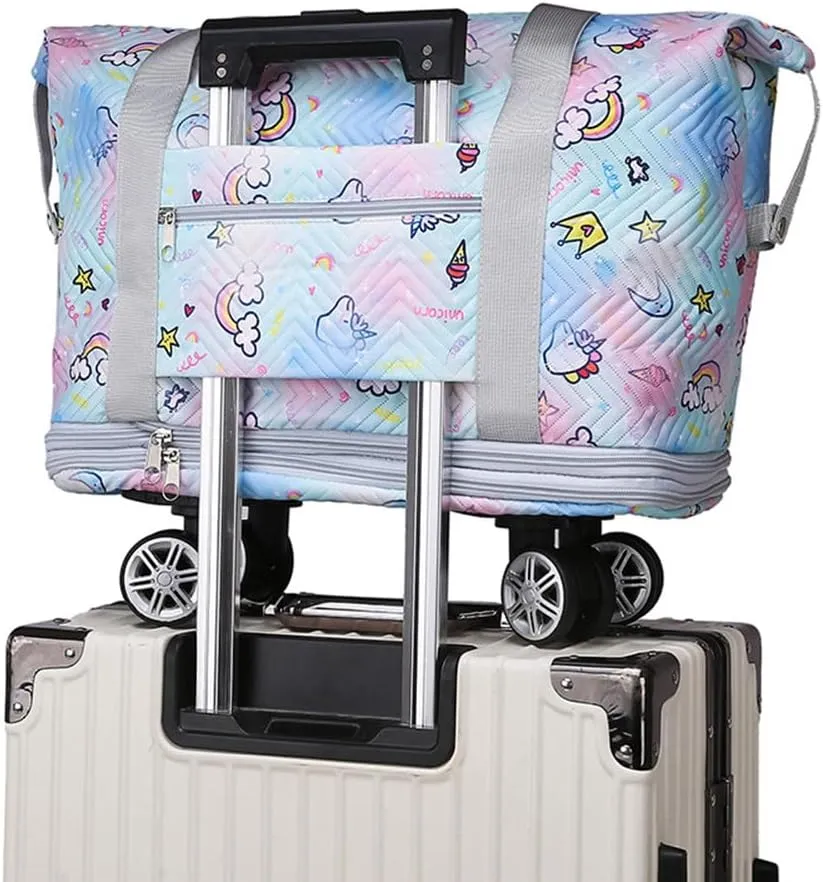 Travel Tote Bags with Trolley Sleeve Expandable Extra Waterproof Rainbow Oxford Duffel Bag with Wheels