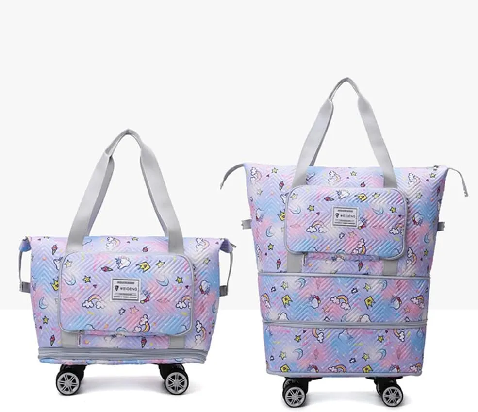 Travel Tote Bags with Trolley Sleeve Expandable Extra Waterproof Rainbow Oxford Duffel Bag with Wheels