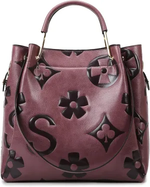 Travistar Floral Handbags Purses Women - Embossed Leather Top Handle Handbag Set Large Shoulder Bag Ladies Bucket Hobo Tote