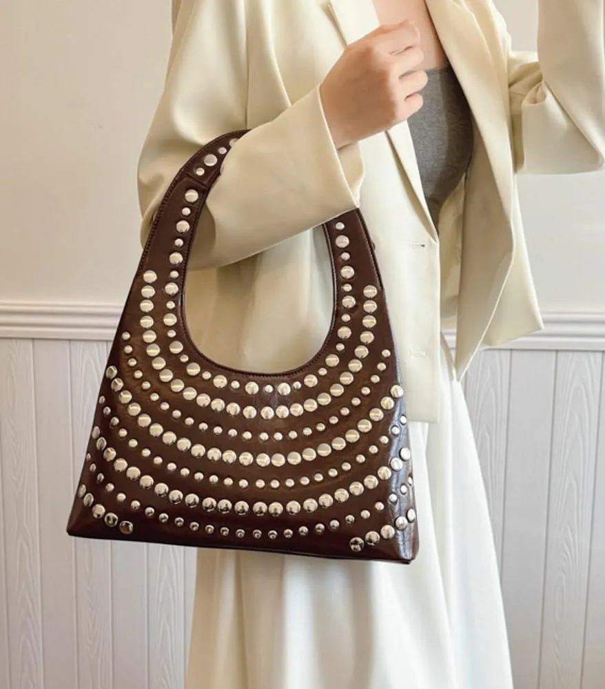 Trendy Studded Shoulder Bag For Women Vegan Leather Underarm Purse Y2K Womens Tote Bag For Work Punk Purse Travel 2025