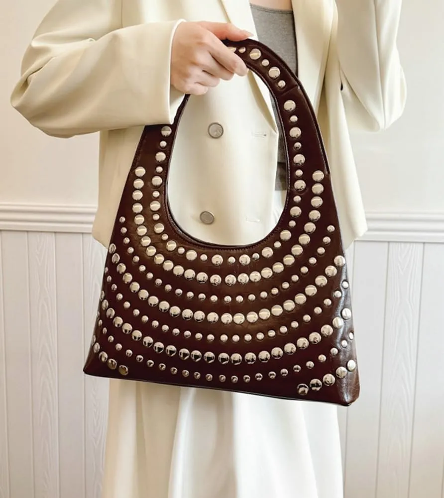 Trendy Studded Shoulder Bag For Women Vegan Leather Underarm Purse Y2K Womens Tote Bag For Work Punk Purse Travel 2025