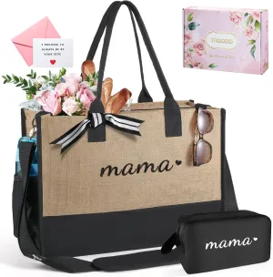 TRSODD Mama Gifts Mothers Day Gifts for Mom from Daughter Son New Mom Birthday Jute Embroidered Tote Bag and Makeup Bag