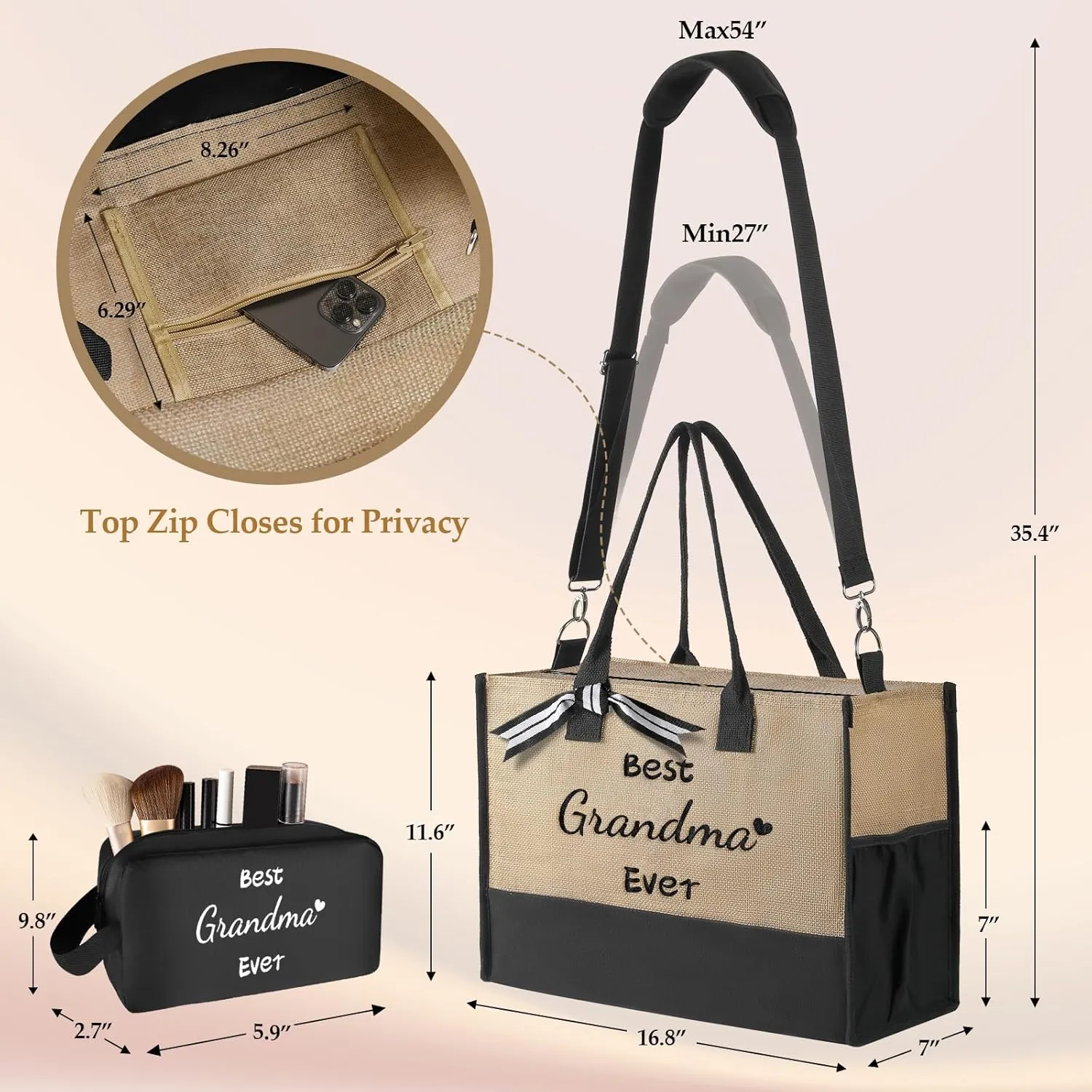 TRSODD Mama Gifts Mothers Day Gifts for Mom from Daughter Son New Mom Birthday Jute Embroidered Tote Bag and Makeup Bag