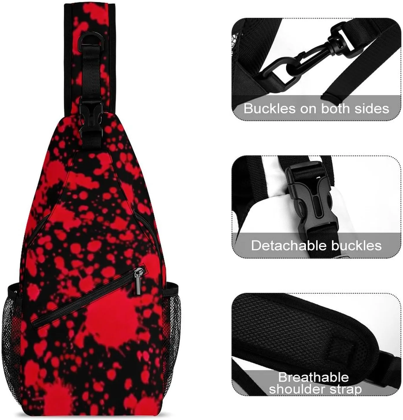 Ultra Lightweight Sling Shoulder Backpack Chest Pack Crossbody Bags Multipurpose Anti-Theft Bag for Work Picnic Hiking Camping Beach Trip, Classic Horror Blood Splatter Black Art