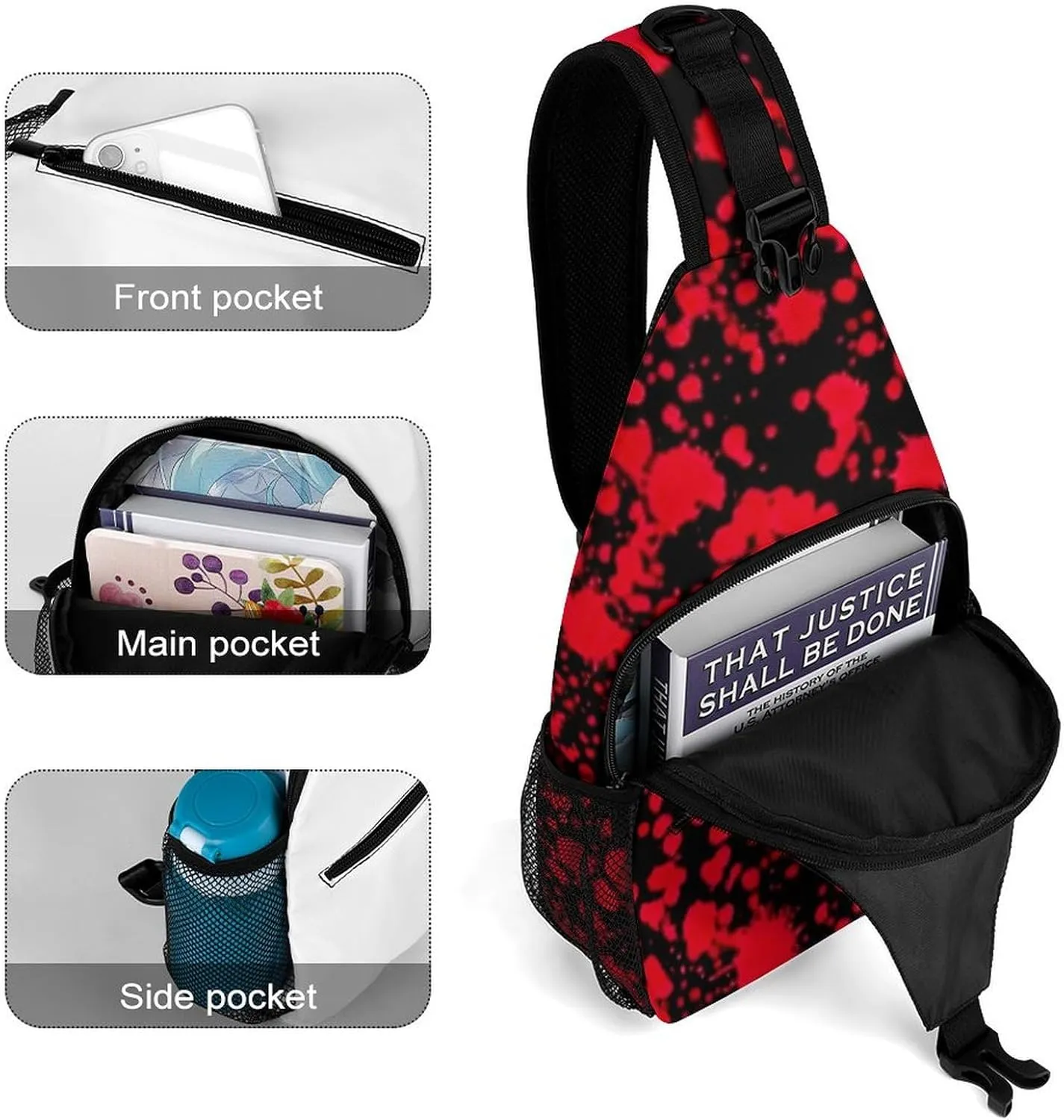 Ultra Lightweight Sling Shoulder Backpack Chest Pack Crossbody Bags Multipurpose Anti-Theft Bag for Work Picnic Hiking Camping Beach Trip, Classic Horror Blood Splatter Black Art