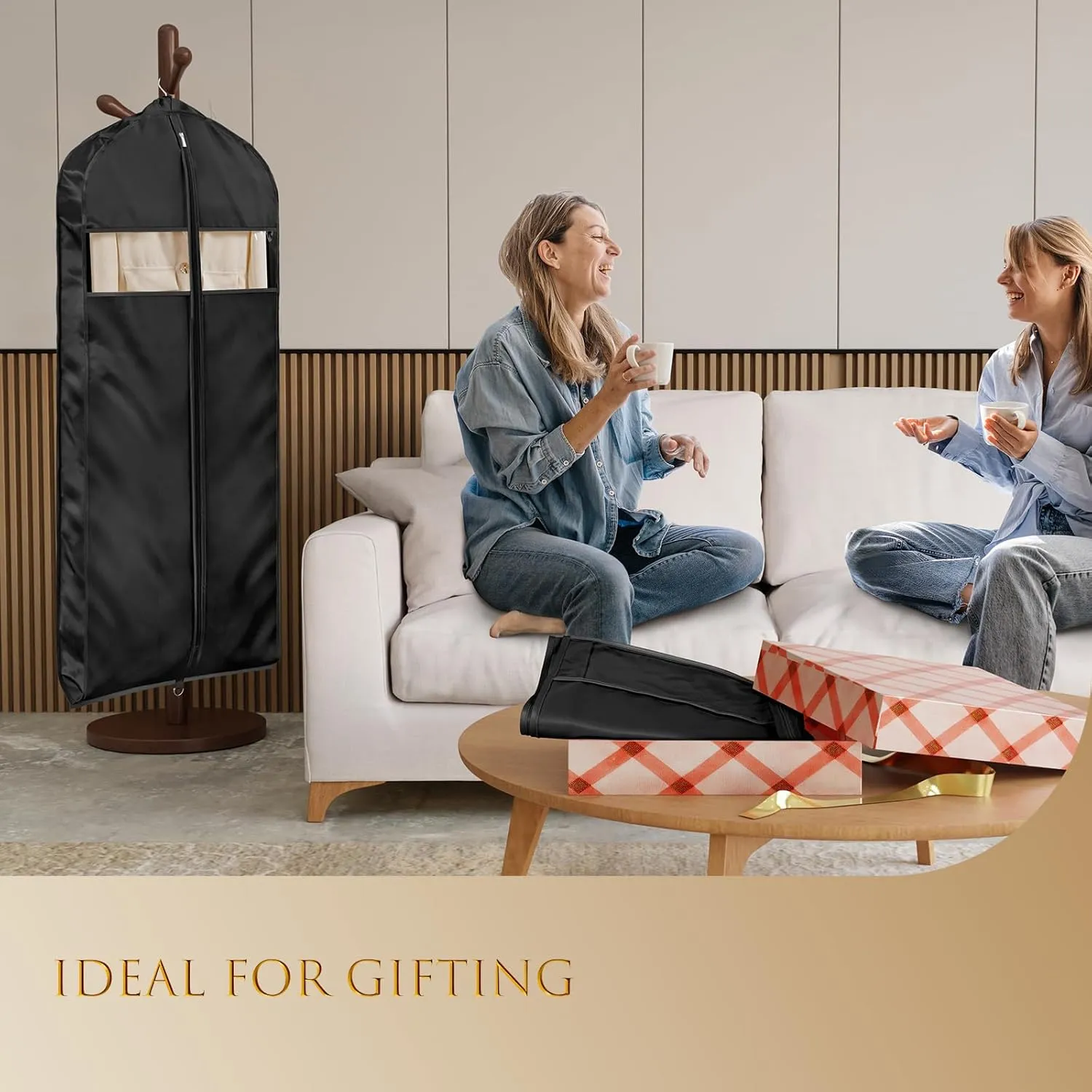 Univivi Super Soft Satin Garment Bags for Hanging Clothes, 43 Inch Zippered Suit Cover with Gussets, Breathable & Non-smell for Suits, Coats, Jackets, Shirts, 2 Pack - Black
