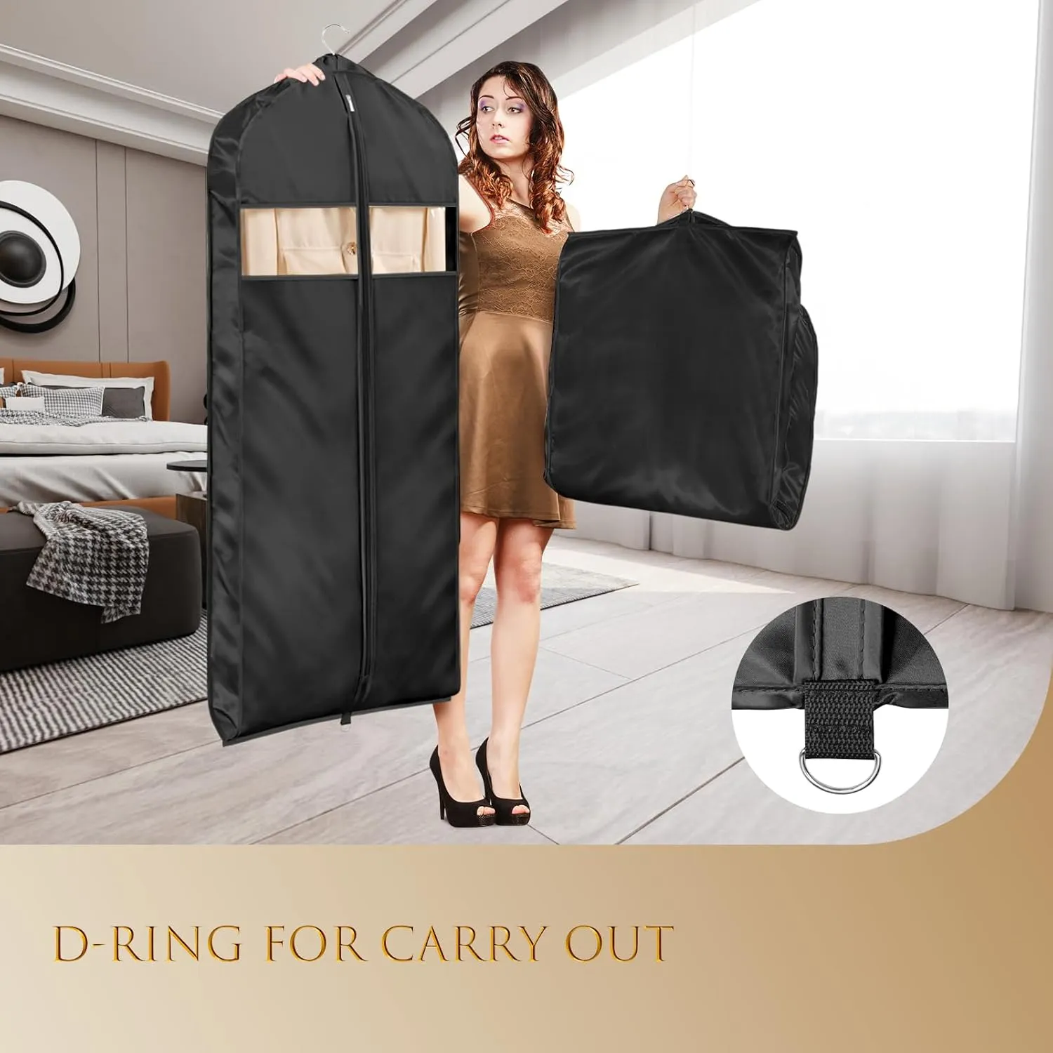 Univivi Super Soft Satin Garment Bags for Hanging Clothes, 43 Inch Zippered Suit Cover with Gussets, Breathable & Non-smell for Suits, Coats, Jackets, Shirts, 2 Pack - Black