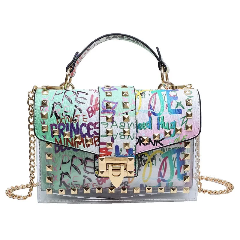 Urban Elegance Graffiti Rivets PVC Crossbody Messenger Handbag | ULZZANG BELLA