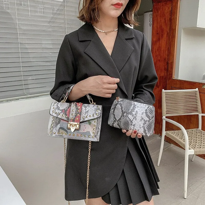 Urban Elegance Graffiti Rivets PVC Crossbody Messenger Handbag | ULZZANG BELLA