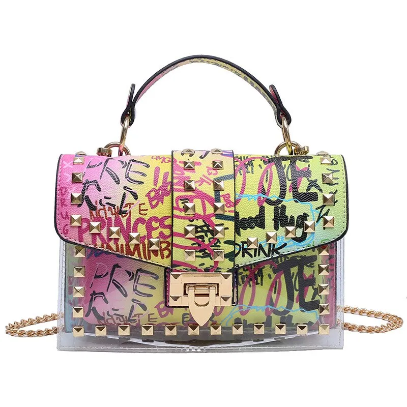 Urban Elegance Graffiti Rivets PVC Crossbody Messenger Handbag | ULZZANG BELLA