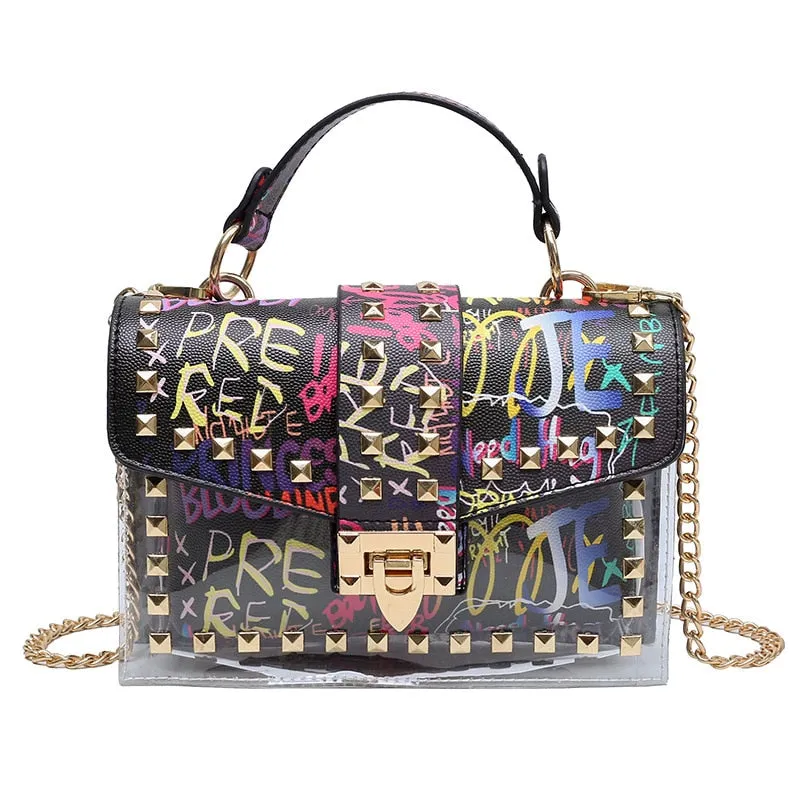 Urban Elegance Graffiti Rivets PVC Crossbody Messenger Handbag | ULZZANG BELLA