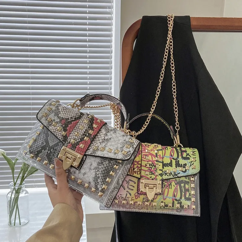 Urban Elegance Graffiti Rivets PVC Crossbody Messenger Handbag | ULZZANG BELLA