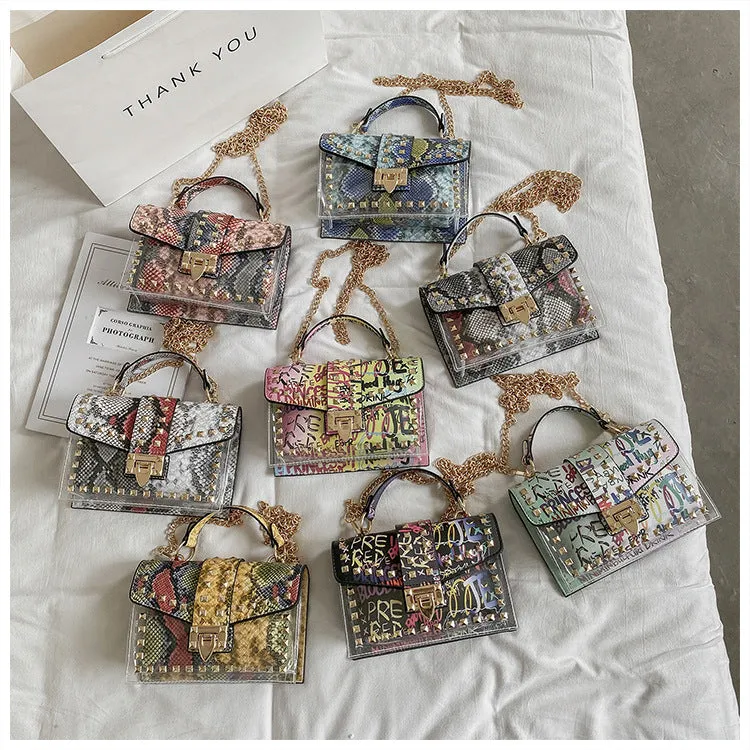 Urban Elegance Graffiti Rivets PVC Crossbody Messenger Handbag | ULZZANG BELLA