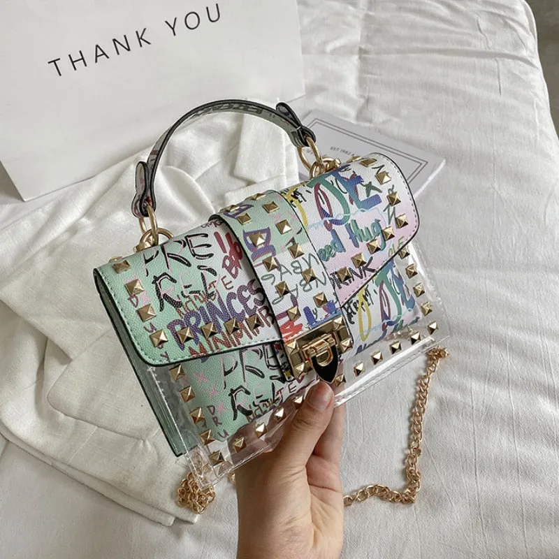 Urban Elegance Graffiti Rivets PVC Crossbody Messenger Handbag | ULZZANG BELLA