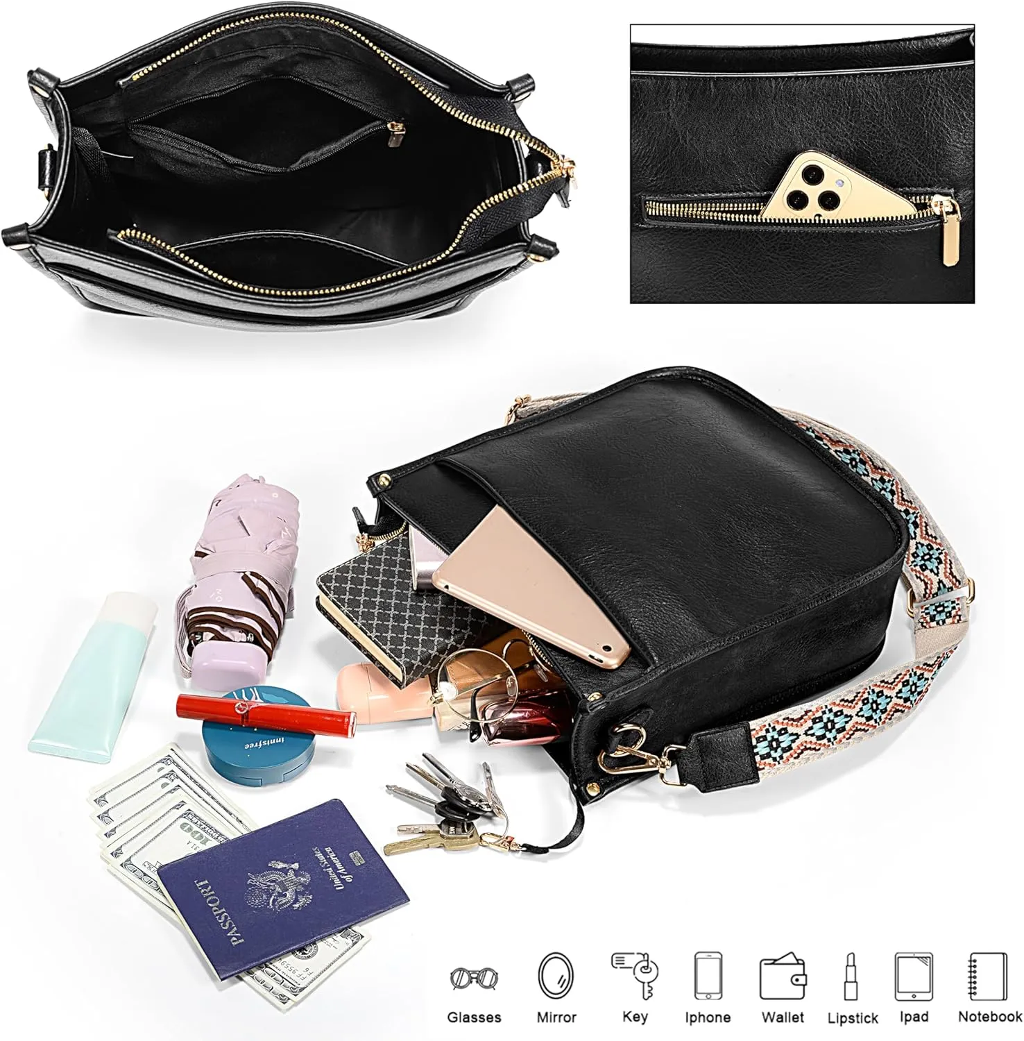 Uromee Crossbody Bags for Women Trendy Vegan Leather Multi Pocket Tassel Ladies Shoulder Handbag Purse Adjustable Strap