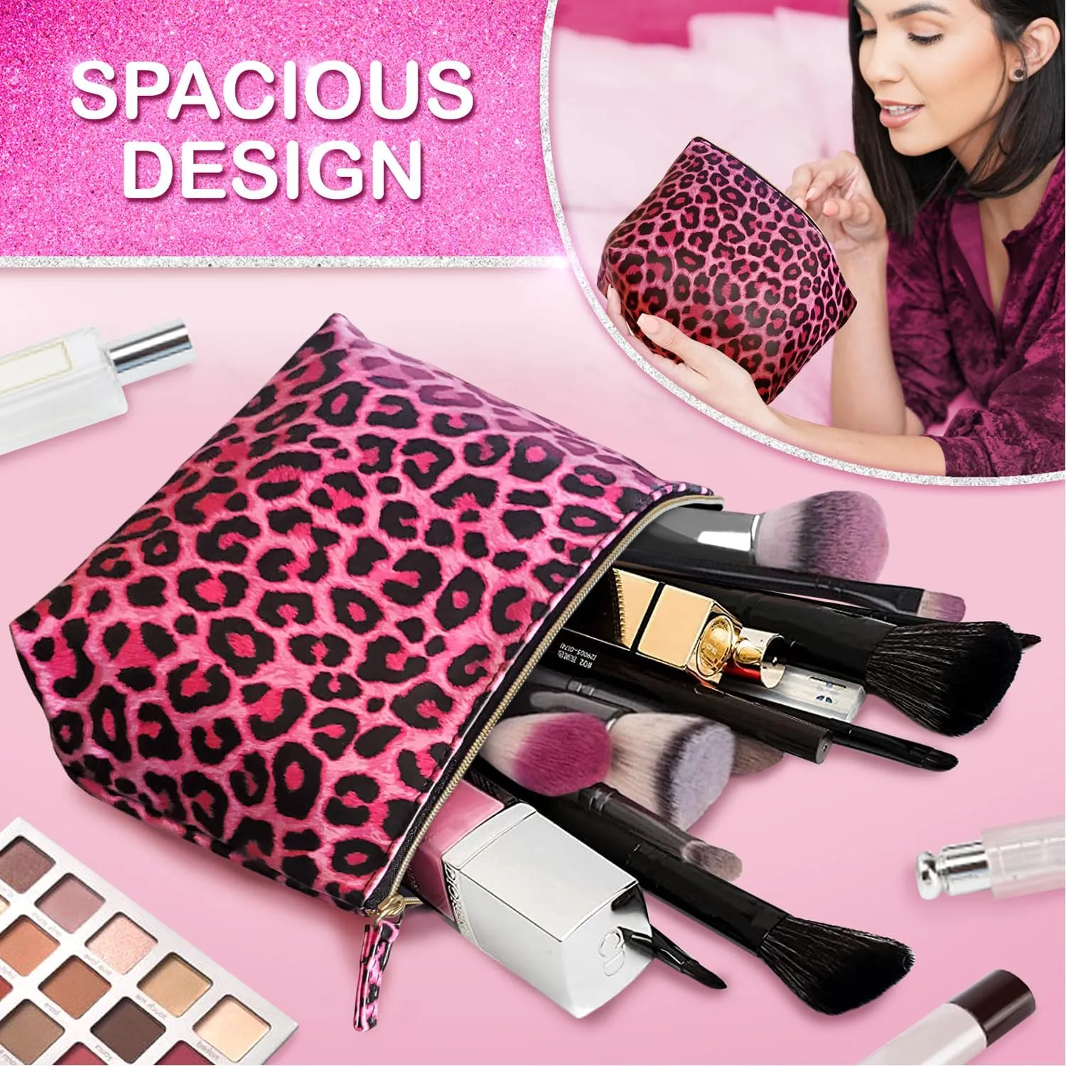 Vegan Leather Hot Pink Leopard Makeup Bag Y2K 2000s McBling Aesthetic - Cheetah Print Small Cosmetic Toiletry Storage Case Travel Make Up Bag - Cute Girly Girl Gifts for Women Cute Accessories Things