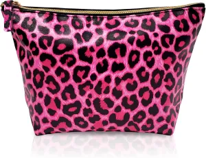 Vegan Leather Hot Pink Leopard Makeup Bag Y2K 2000s McBling Aesthetic - Cheetah Print Small Cosmetic Toiletry Storage Case Travel Make Up Bag - Cute Girly Girl Gifts for Women Cute Accessories Things