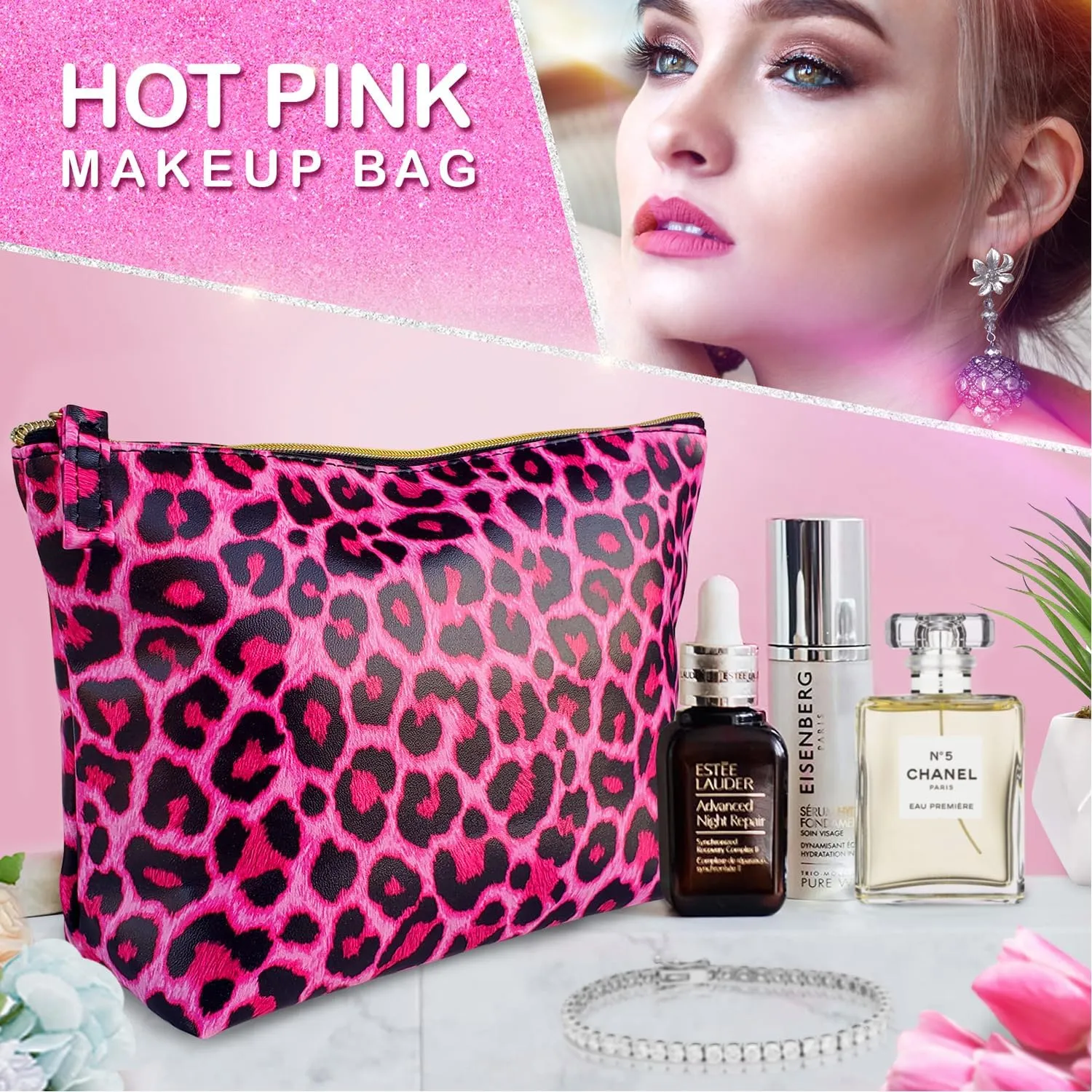 Vegan Leather Hot Pink Leopard Makeup Bag Y2K 2000s McBling Aesthetic - Cheetah Print Small Cosmetic Toiletry Storage Case Travel Make Up Bag - Cute Girly Girl Gifts for Women Cute Accessories Things