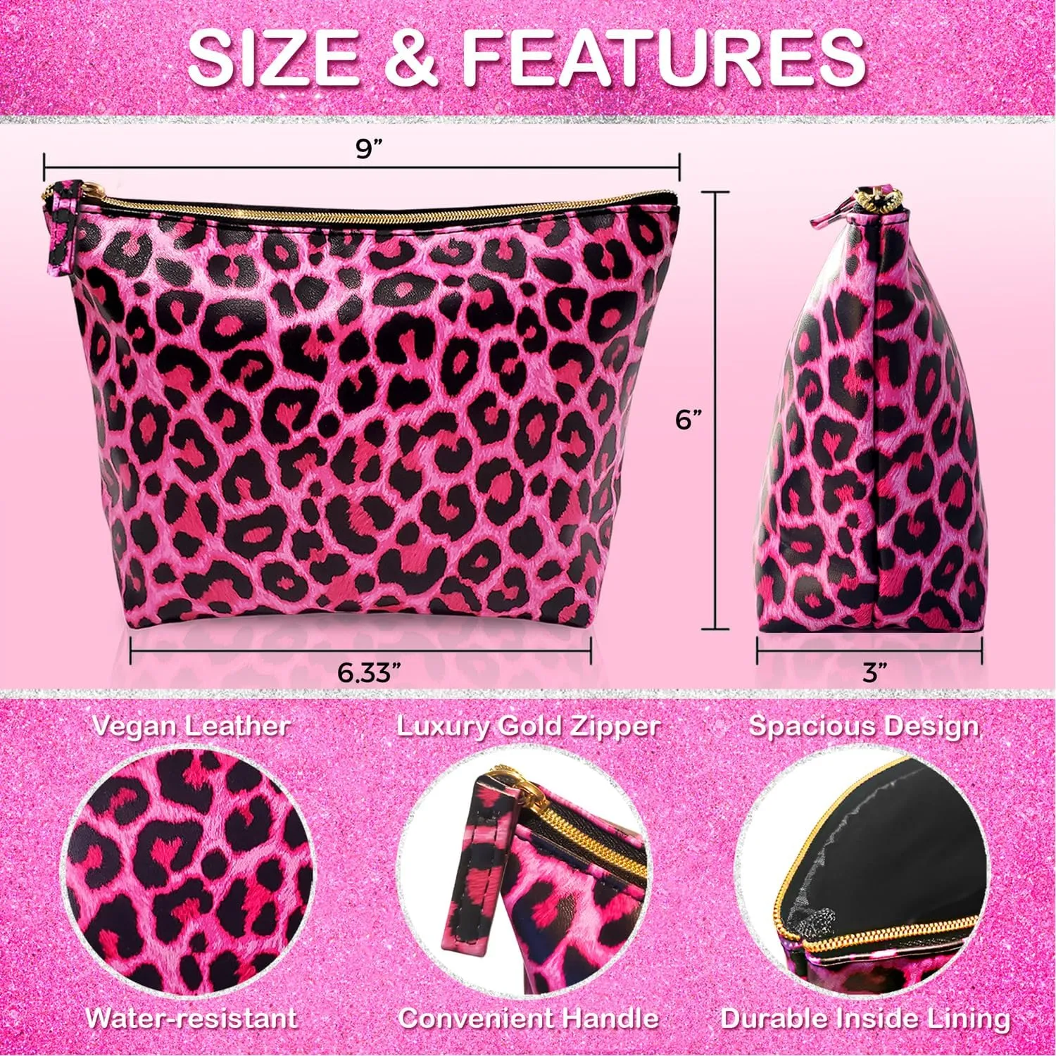 Vegan Leather Hot Pink Leopard Makeup Bag Y2K 2000s McBling Aesthetic - Cheetah Print Small Cosmetic Toiletry Storage Case Travel Make Up Bag - Cute Girly Girl Gifts for Women Cute Accessories Things