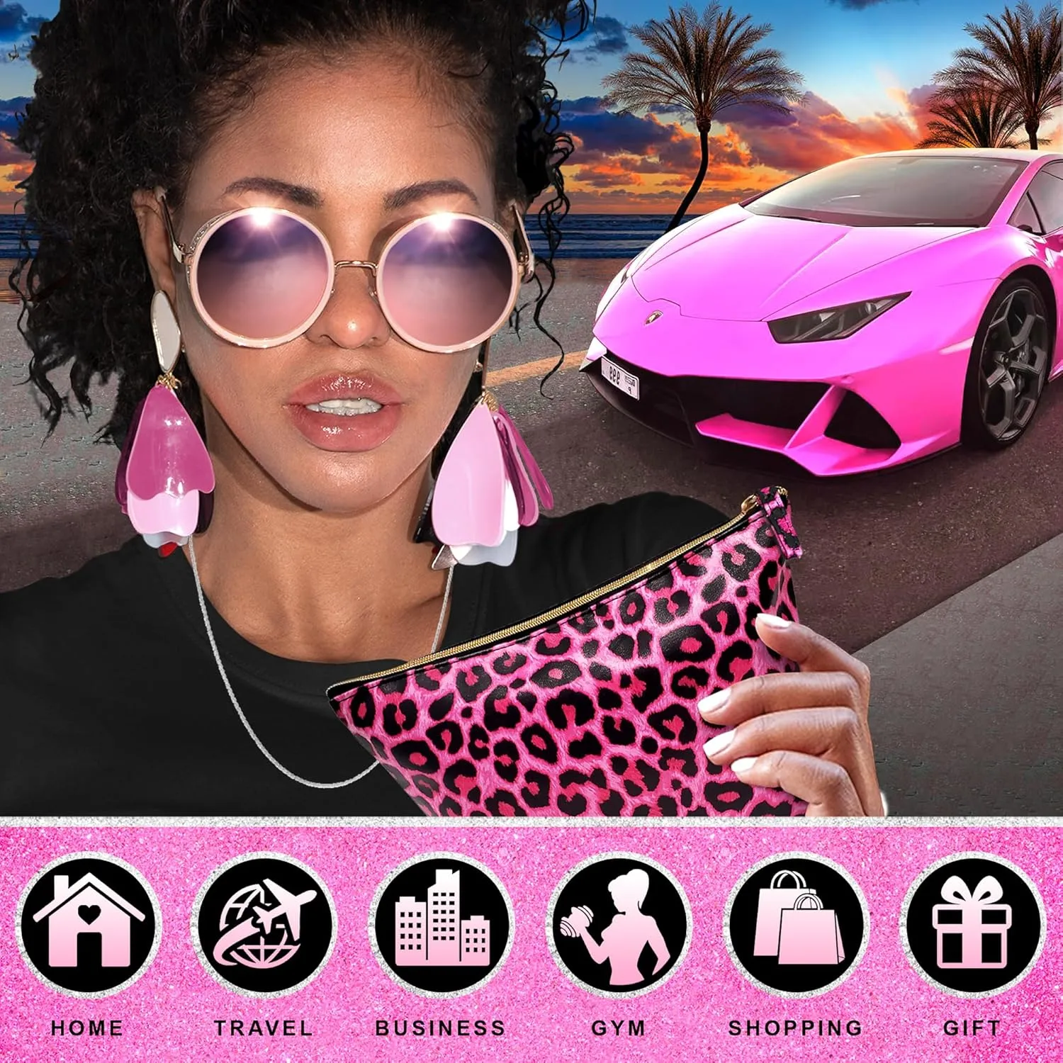 Vegan Leather Hot Pink Leopard Makeup Bag Y2K 2000s McBling Aesthetic - Cheetah Print Small Cosmetic Toiletry Storage Case Travel Make Up Bag - Cute Girly Girl Gifts for Women Cute Accessories Things