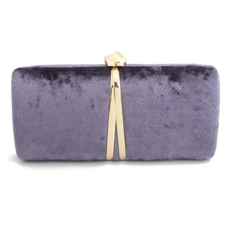 Velour Clutch Bag For Women V Shape Metal
