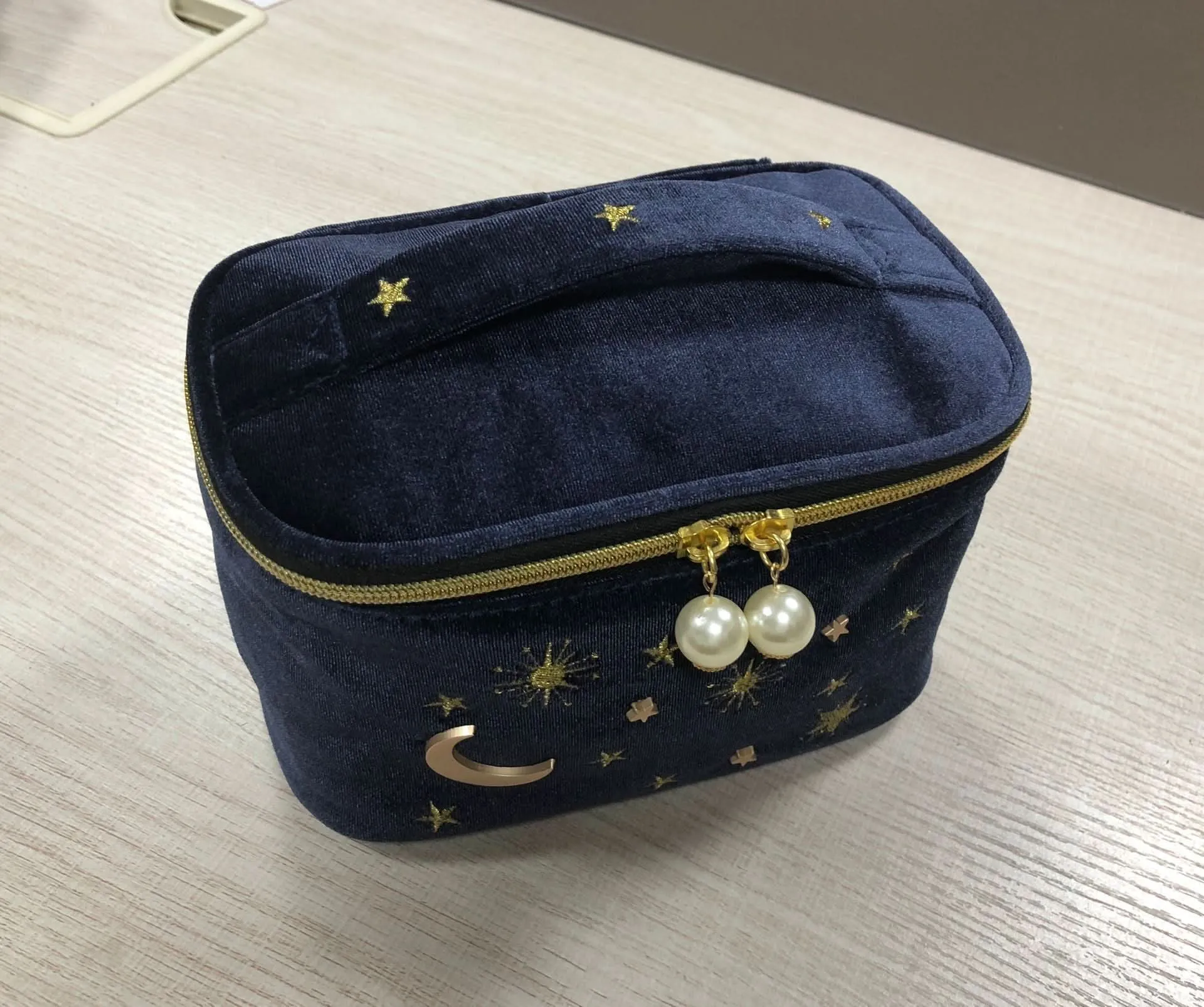Velvet Tassel Makeup Bag - Large Capacity with Star and Moon Embroidery