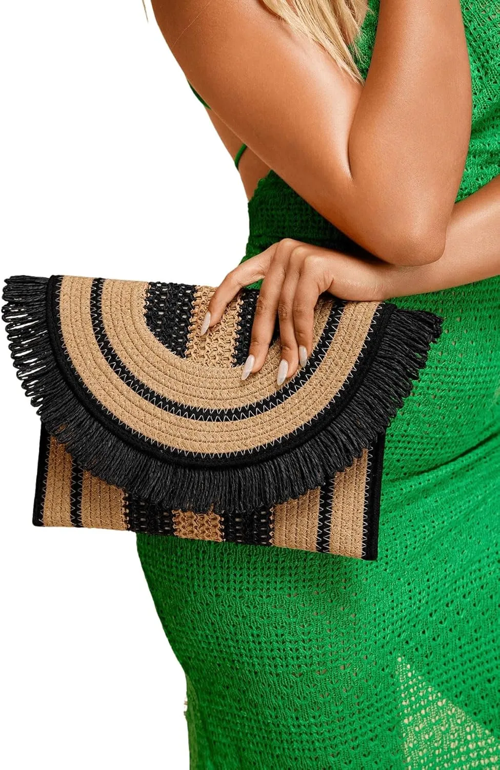 Verdusa Women's Fringe Straw Clutch Purses Woven Handbags Envelope Bag Wallet