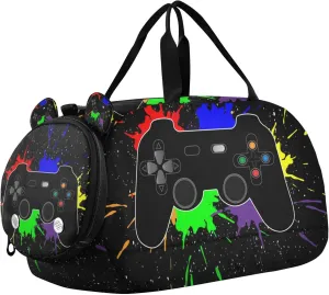 Video Game Rainbow Sports Duffle Bag for Girls Boys, Gym Bag with Shoe Compartment, Kids Travel Overnight Weekender Shoulder Bag