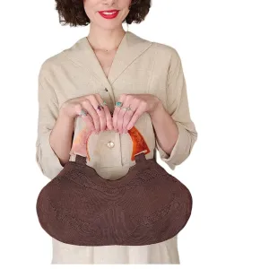 Vintage 40s Brown Corde Hand Bag Tortoiseshell Lucite Strap