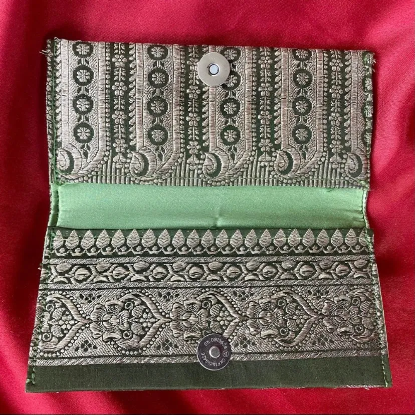Vintage Bohemian Green & Gold Embroidered Brocade Satin-Lined Wallet