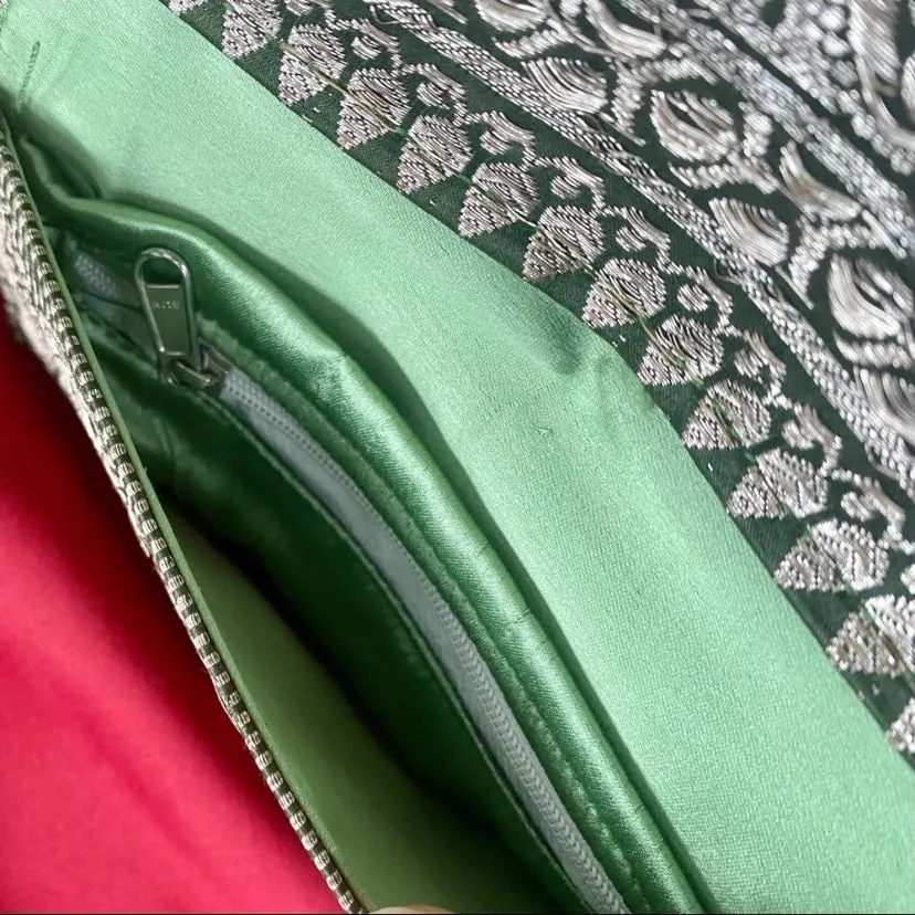 Vintage Bohemian Green & Gold Embroidered Brocade Satin-Lined Wallet