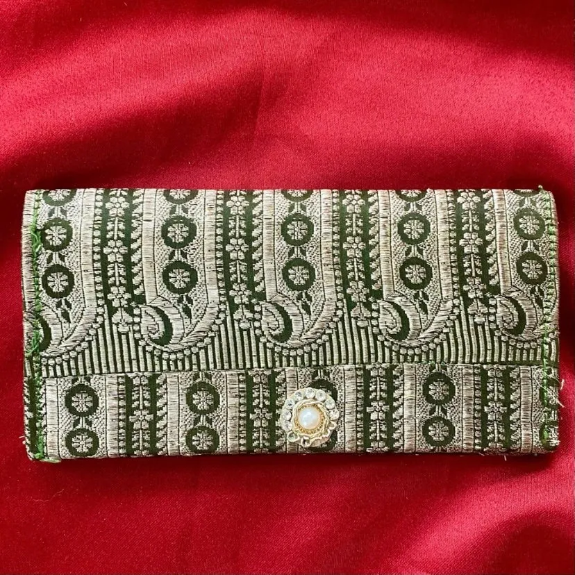 Vintage Bohemian Green & Gold Embroidered Brocade Satin-Lined Wallet