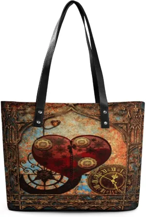 Vintage Steam Punk Clock And Gear Art Women Tote Bags Top Handle Satchel Handbags Faux Leather Tassel Shoulder Purse