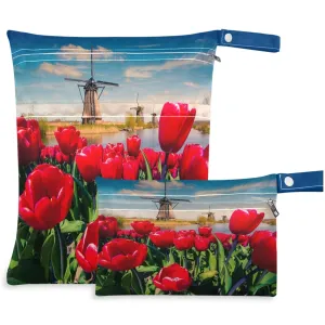 visesunny Dutch Windmill Red Tulip On The Netherlands Canals 2Pcs Wet Bag with Zippered Pockets Washable Reusable Roomy for Travel,Beach,Pool,Daycare,Stroller,Diapers,Dirty Gym Clothes, Wet Swimsuits,