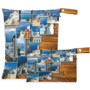 visesunny Traditional Architecture Village Santorini 2Pcs Wet Bag with Zippered Pockets Washable Reusable Roomy for Travel,Beach,Pool,Daycare,Stroller,Diapers,Dirty Gym Clothes, Wet Swimsuits, Toiletr