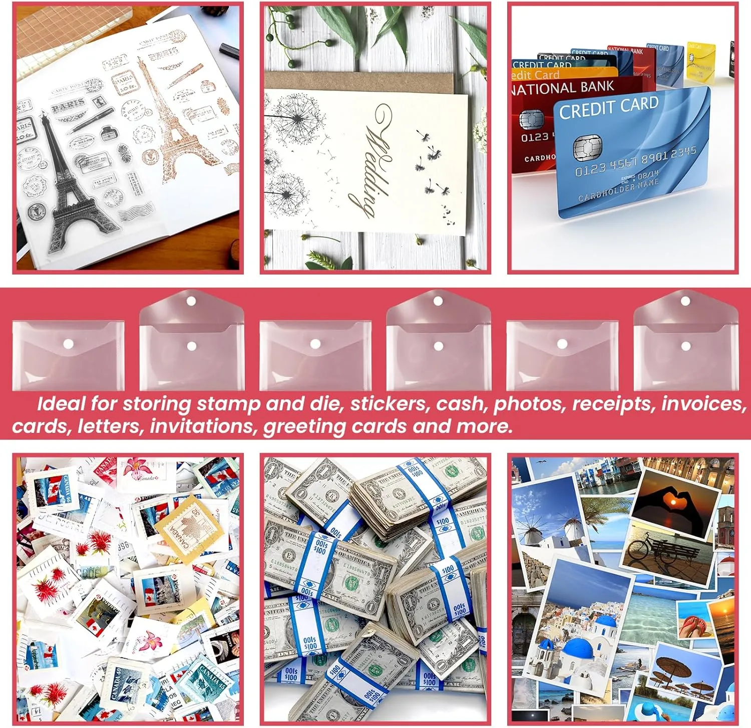 Vmiapxo 40 Pack Stamp and Die Storage Pockets, Reusable Small Plastic Envelopes Waterproof Sticker Organizer Receipt Holder Photo Storage Folders (3" x 5")