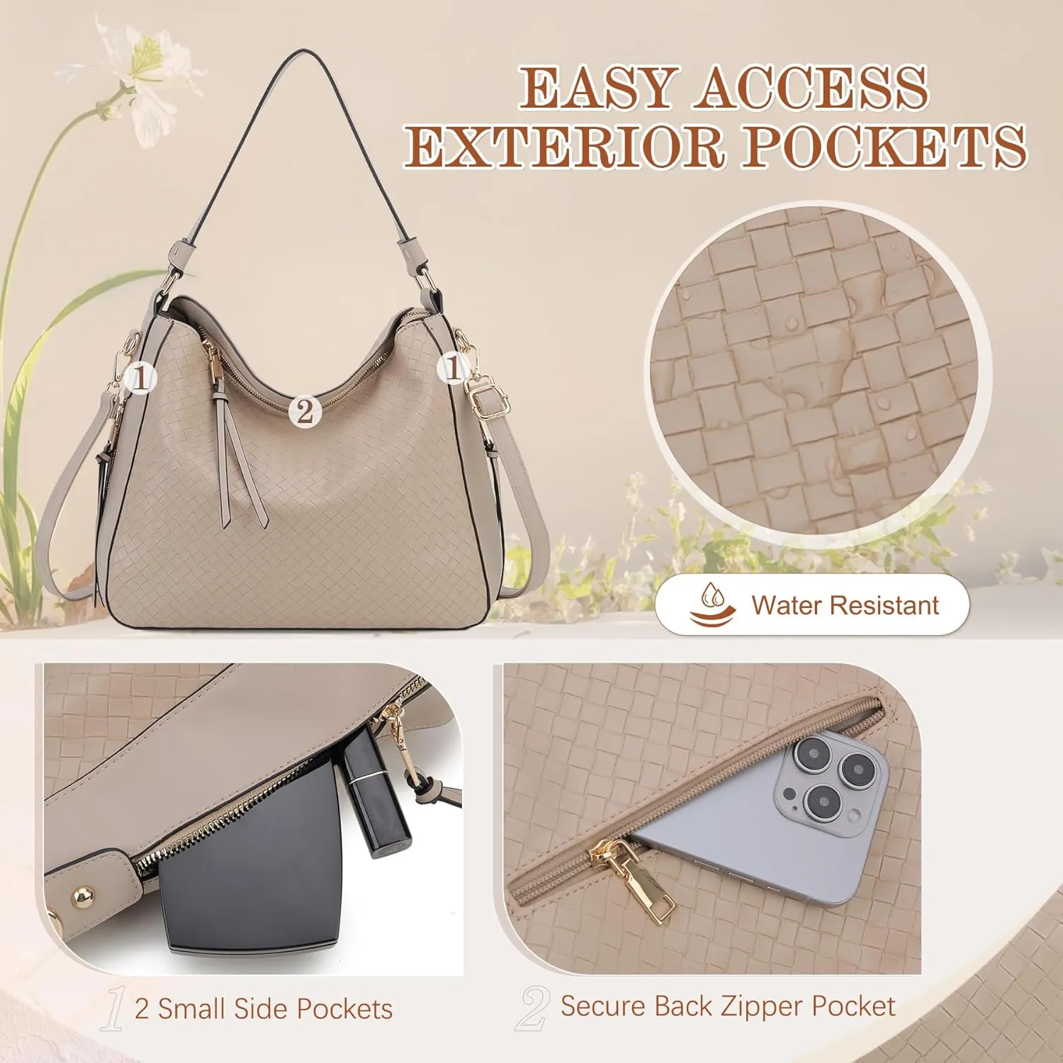VX VONXURY Hobo Bags for Women, Faux Leather Tote Purse Ladies Handbag Medium Shoulder Bags with Side Pockets for Work Travel