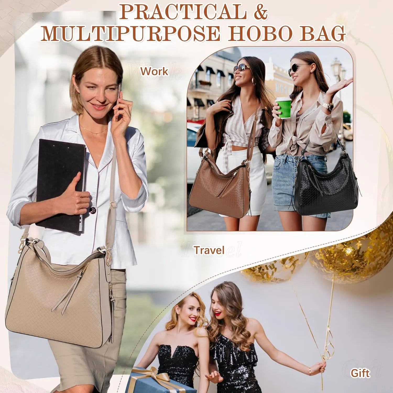 VX VONXURY Hobo Bags for Women, Faux Leather Tote Purse Ladies Handbag Medium Shoulder Bags with Side Pockets for Work Travel