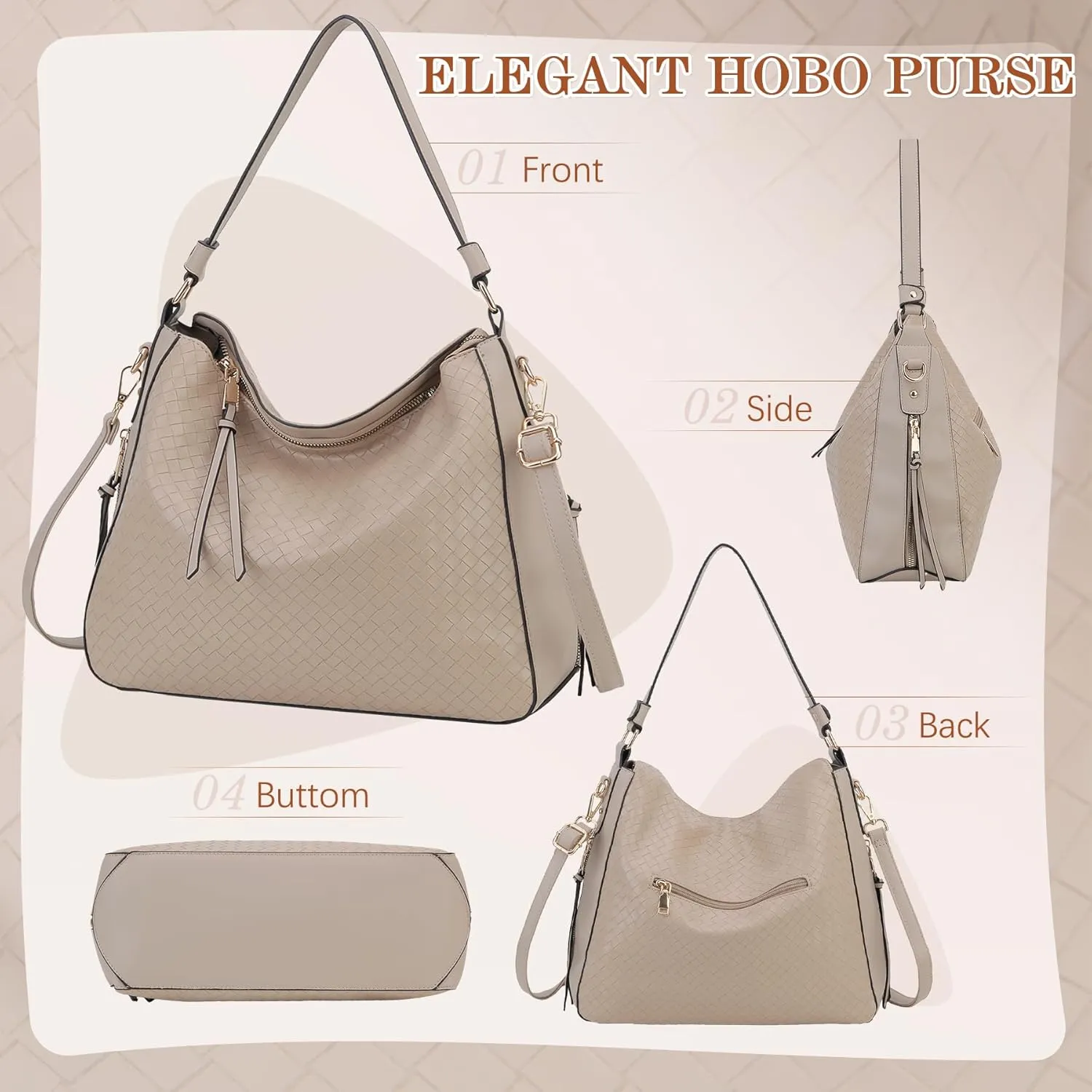 VX VONXURY Hobo Bags for Women, Faux Leather Tote Purse Ladies Handbag Medium Shoulder Bags with Side Pockets for Work Travel