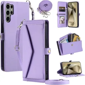 Wallet Case for Samsung Galaxy S23 Ultra 5G with Wrist Strap Card Holder Shockproof Soft PU Leather Magnetic Snap Pocket Stand Cell Phone Cover S23Ultra 23S S 23 23Ultra 6.8inch Women Purple