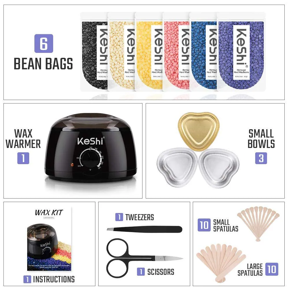 Waxing Kit, Painless Hair Removal Wax Warmer, Home Wax Kit with 6 Bags Hard Wax Beans for Full Body, Legs, Face, Eyebrows, Bikini (Women & Men)