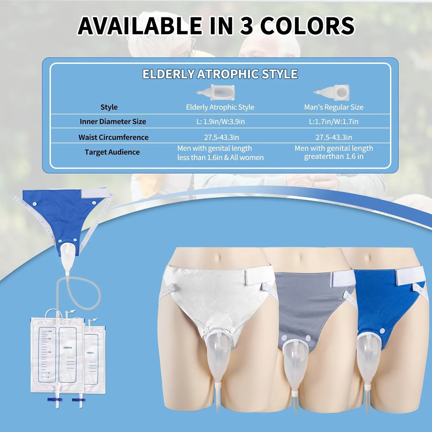 Wearable Urinal Bag with Reusable Silicone Catheter (2000ml & 1000ml), Portable External Urine Collector Comfortable & Discreet, Men Black