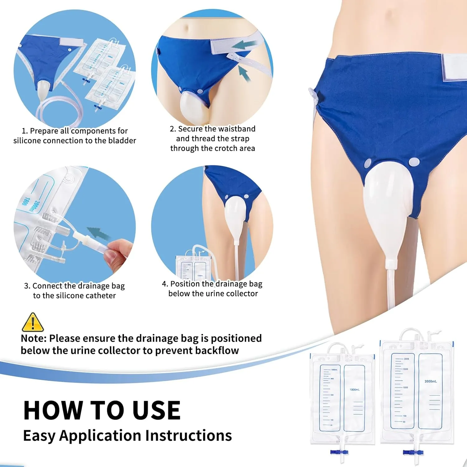 Wearable Urinal Bag with Reusable Silicone Catheter (2000ml & 1000ml), Portable External Urine Collector Comfortable & Discreet, Men Black